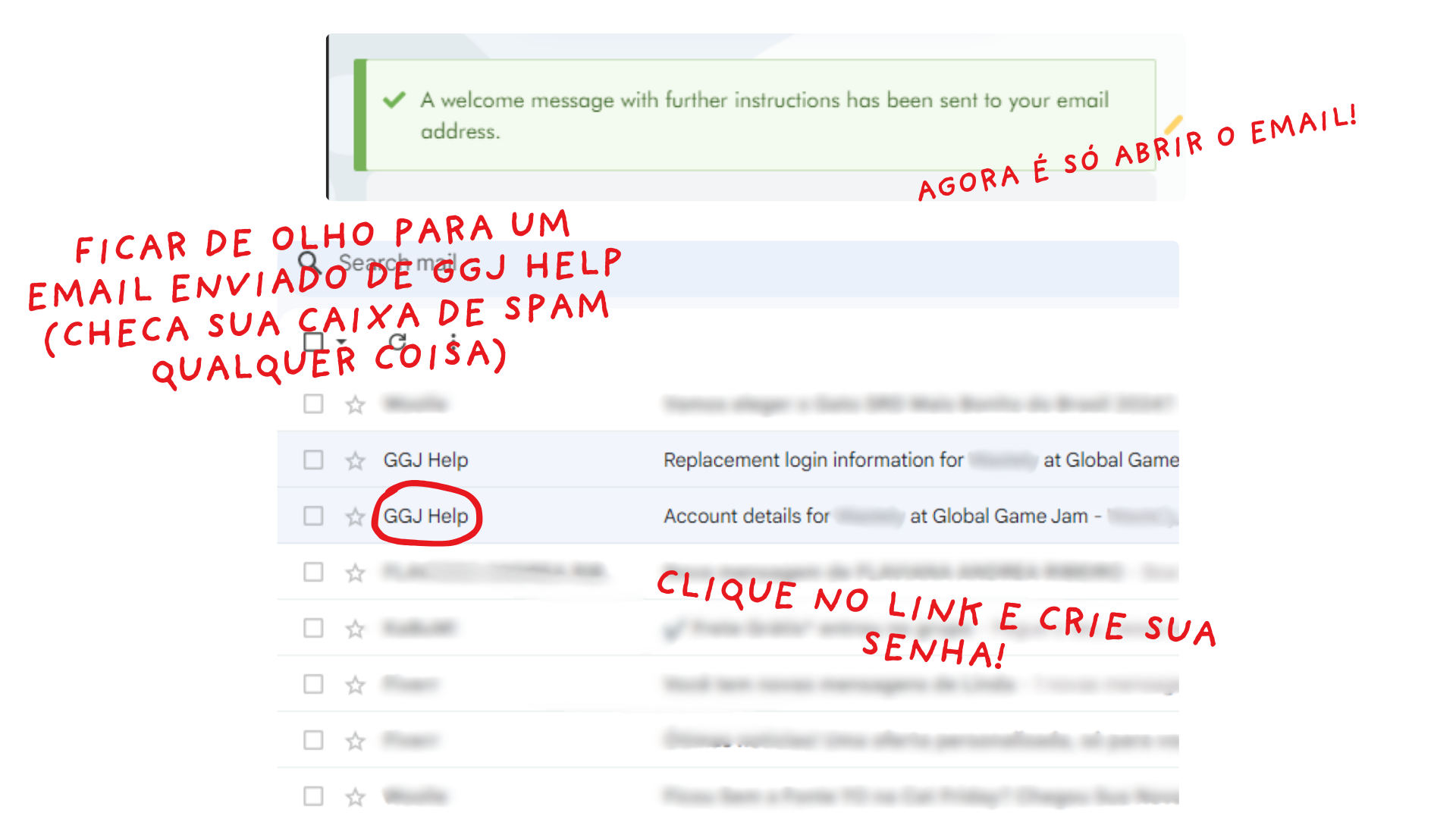Imagem que indica para verificar sua caixa de entrada do email, procurar para um email de GGJ Help com assunto 