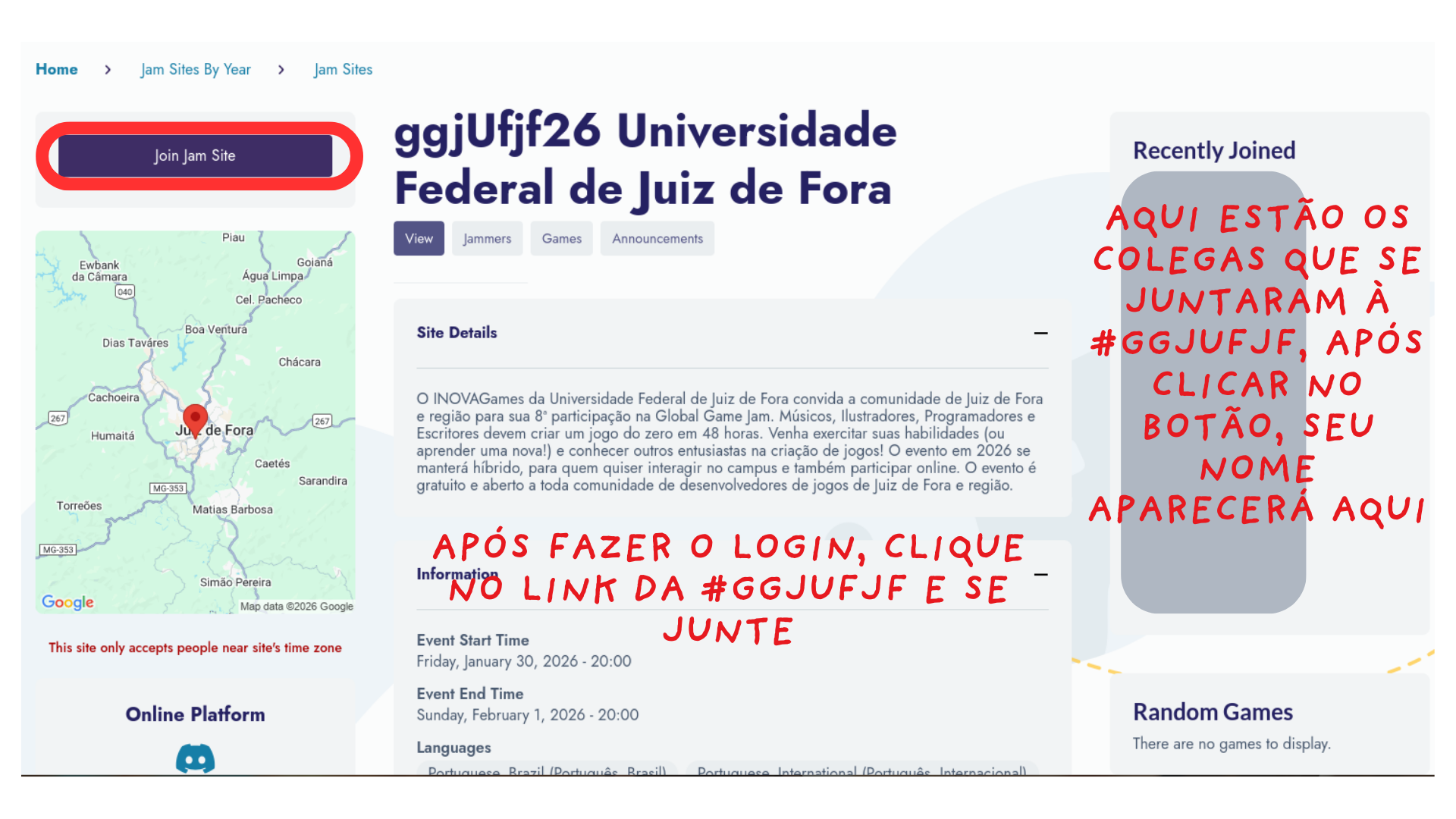 Clique para ir no site da GGJUFJF, clique em Join Jam site para se juntar aos jammers