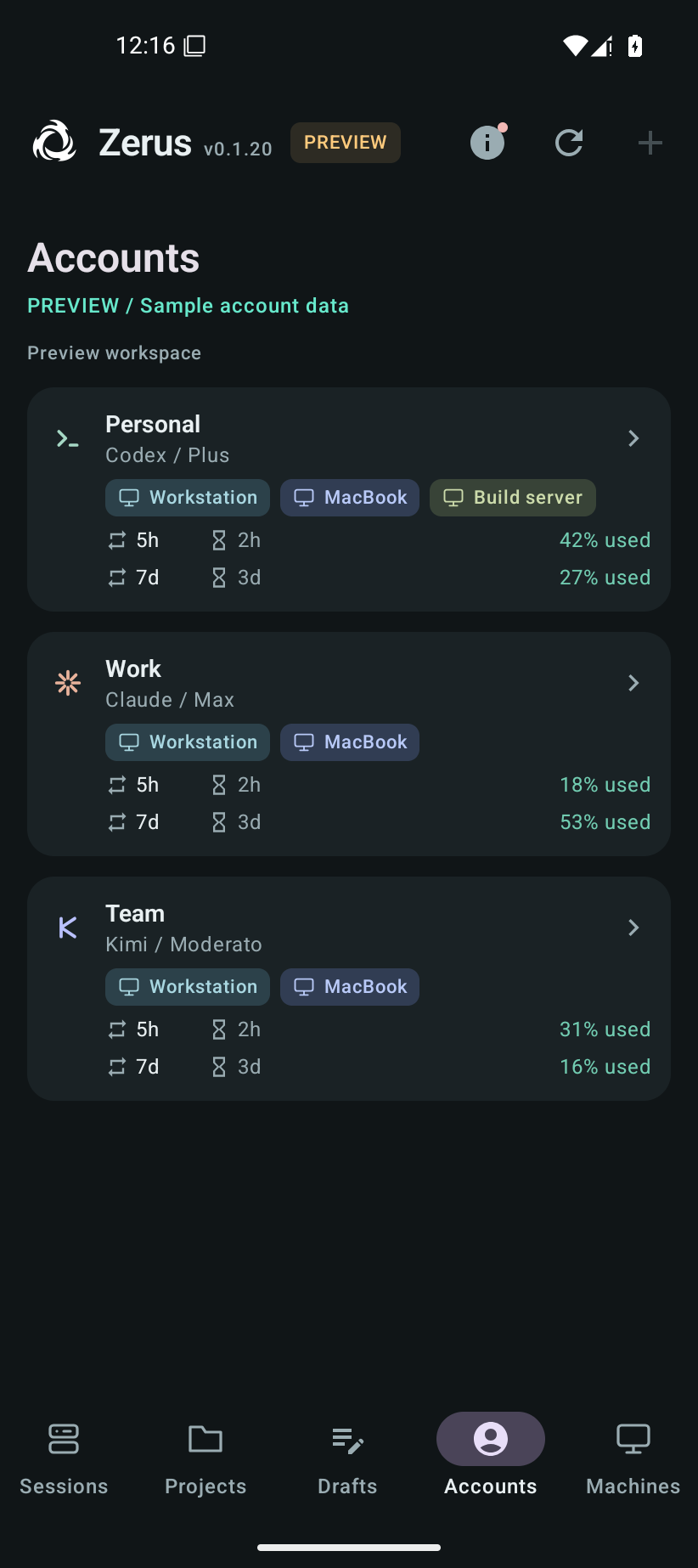 Shared Codex, Claude and Kimi accounts with usage limits across machines