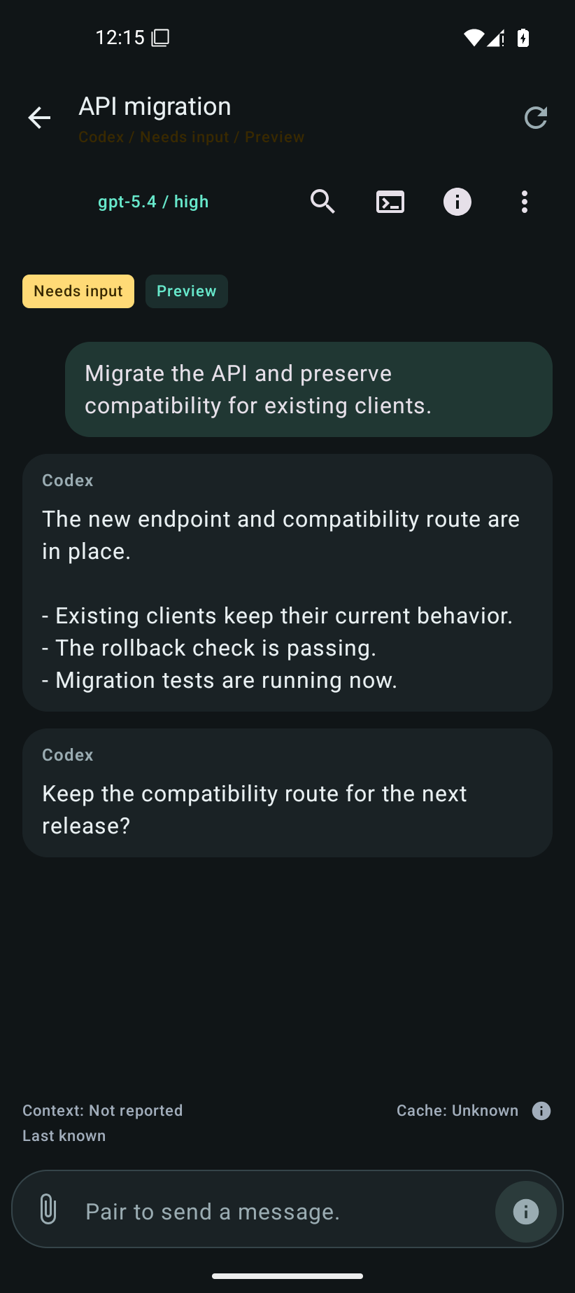 A conversation with Codex in the Android client