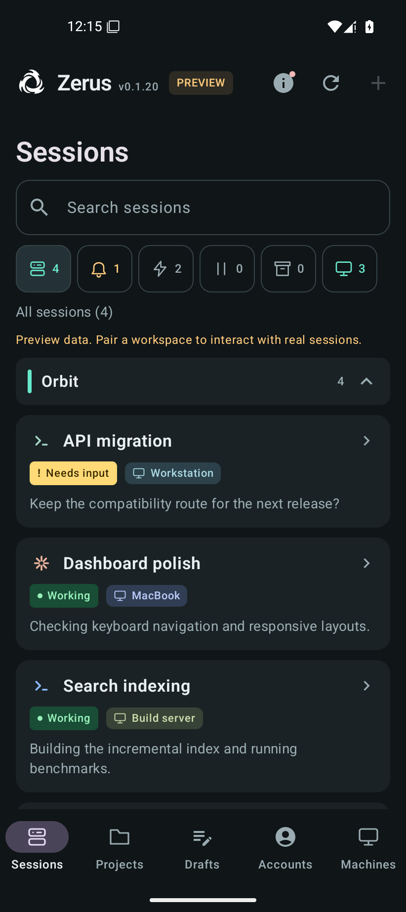 Android session overview with agents on a workstation, MacBook and build server