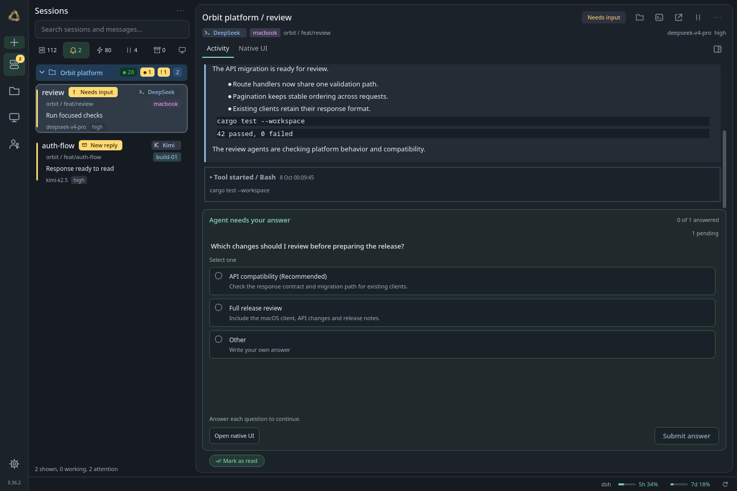 A remote DeepSeek Harness session waiting for a review-scope choice in Activity