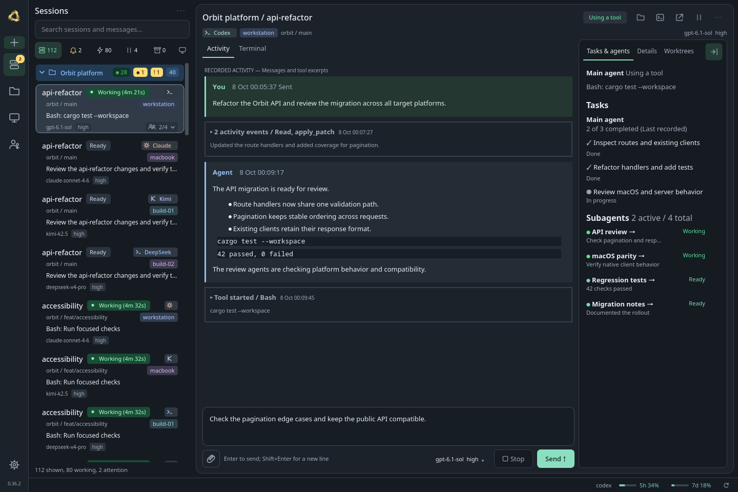 Zerus workspace with multiple agents, Activity, subagents and tasks in one window