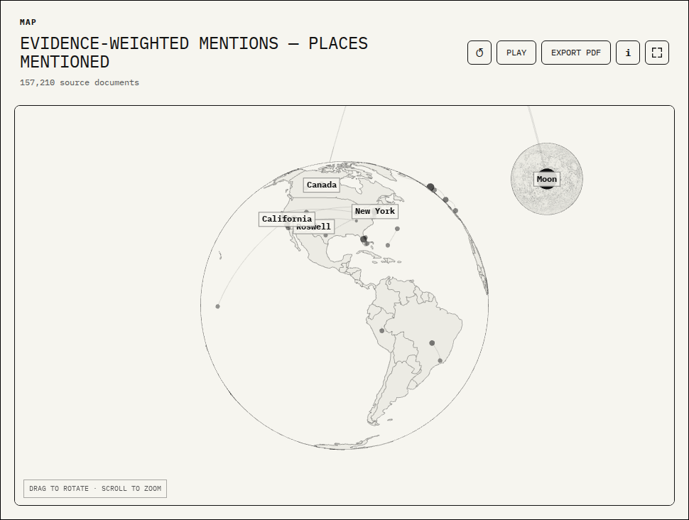 A globe showing locations mentioned in UFO Files records.