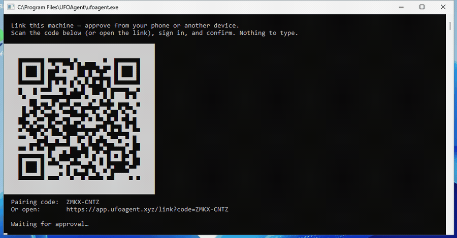 The pairing QR code the agent shows after install — scan to link