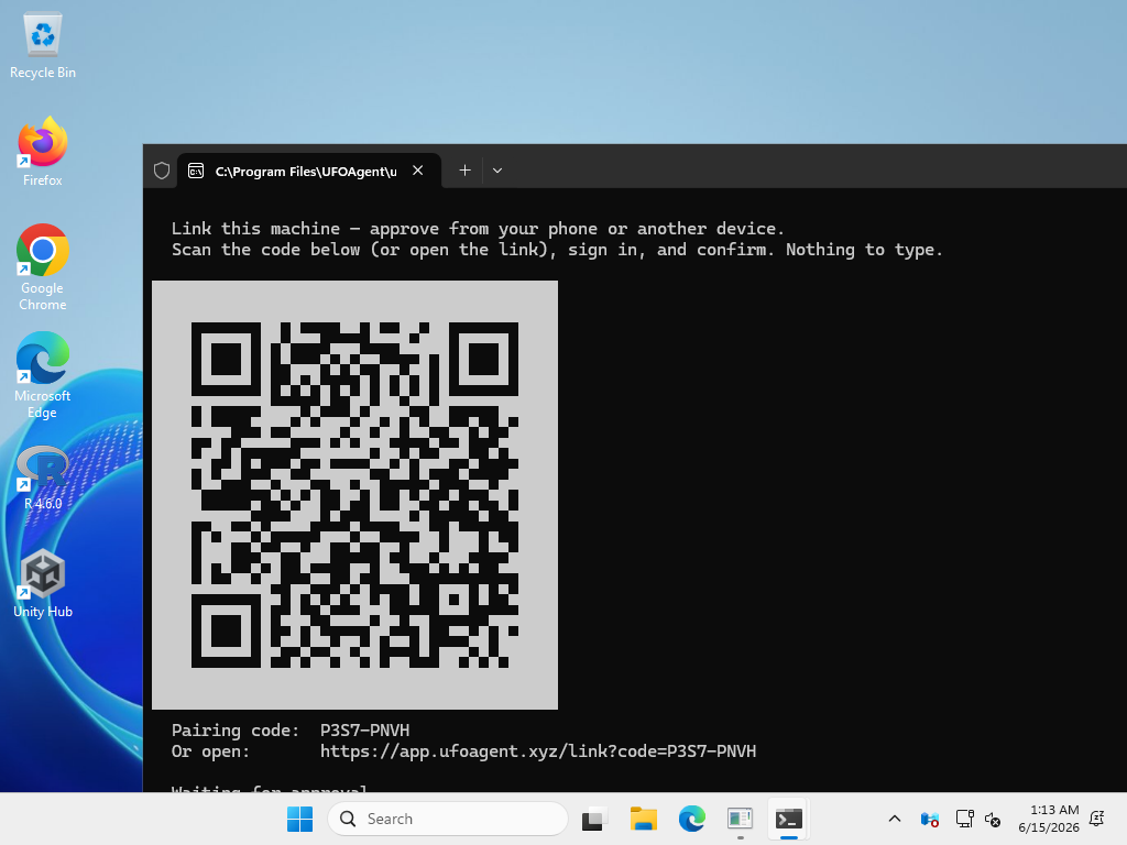 The pairing QR code the agent shows after install