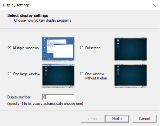 xlaunch 1: display number of 0, multiple windows option