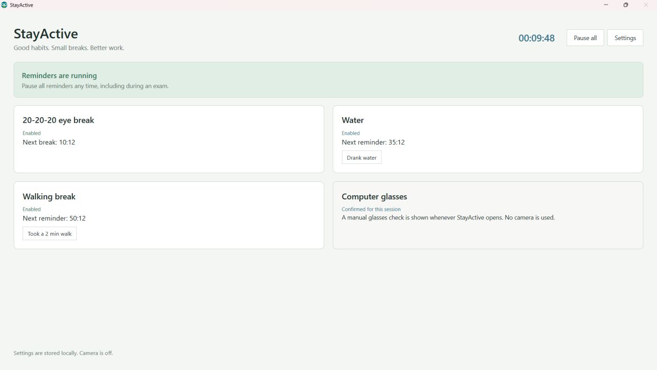 StayActive dashboard showing the session clock and eye, water, and
walking
reminders