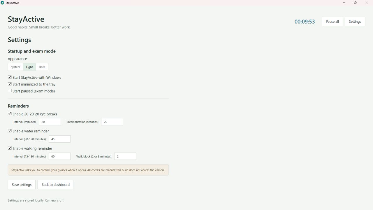 StayActive settings page showing appearance, startup, and reminder
options
