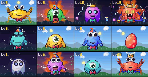 The cast: eating, on fire, super mode, a frenzy, asleep, petted, levelling up, hatching, crying, a K.O., watching you type, and a burp