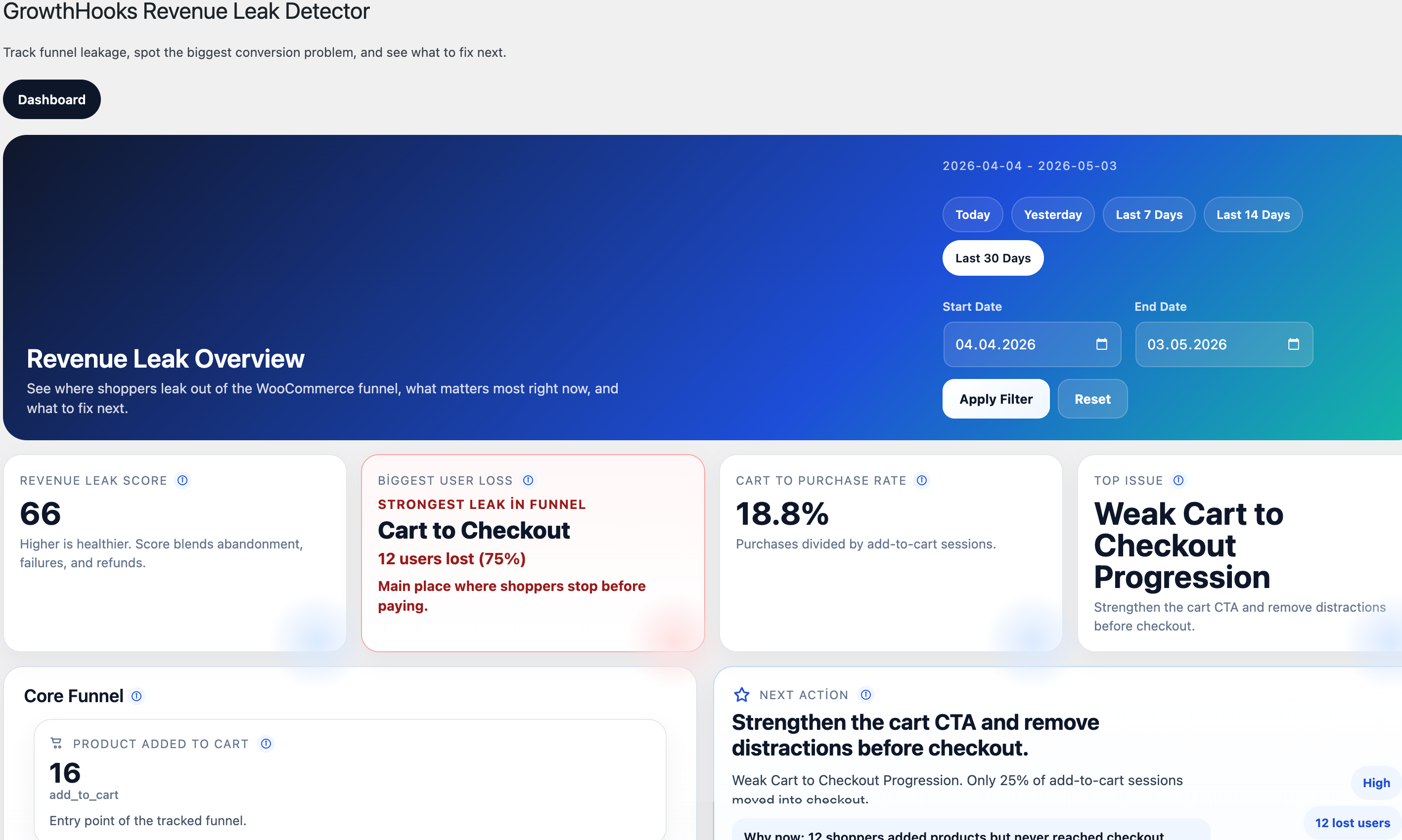 GrowthHooks Revenue Leak Detector Ekranı