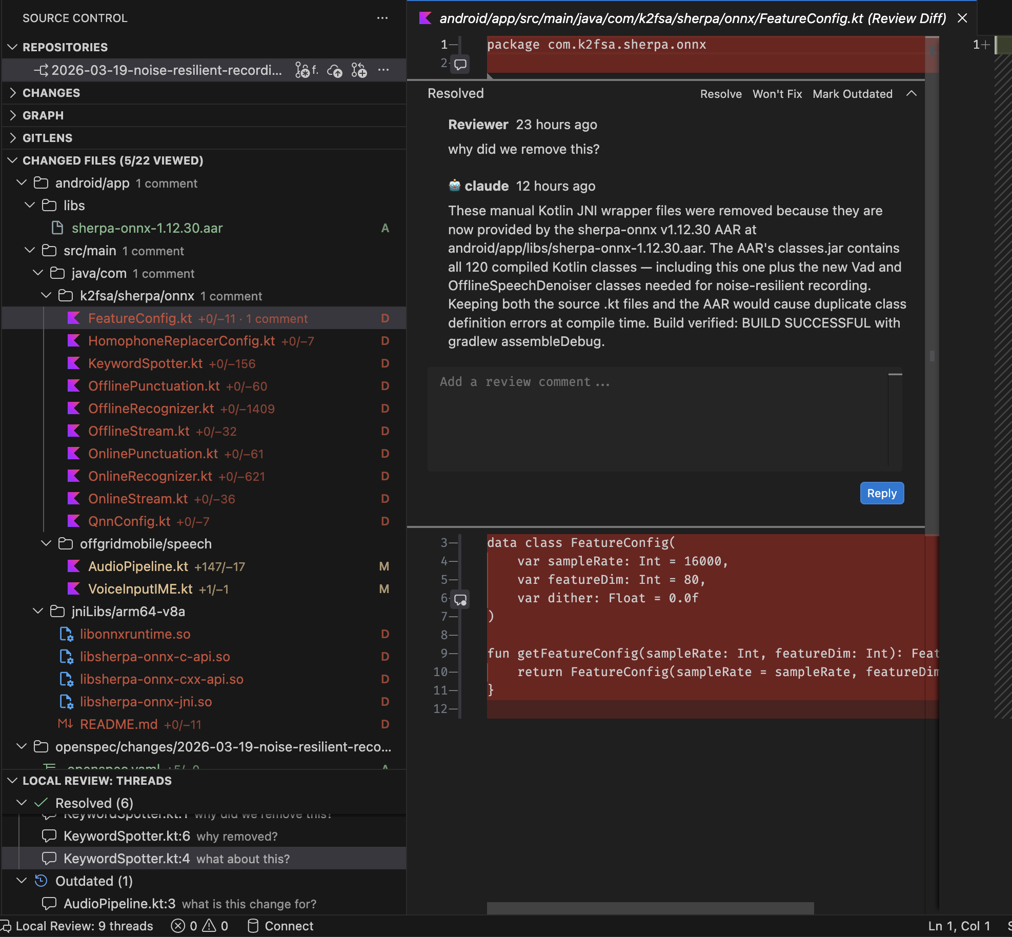 VS Code extension showing changed files tree, inline review comments with Claude's reply, and threads panel