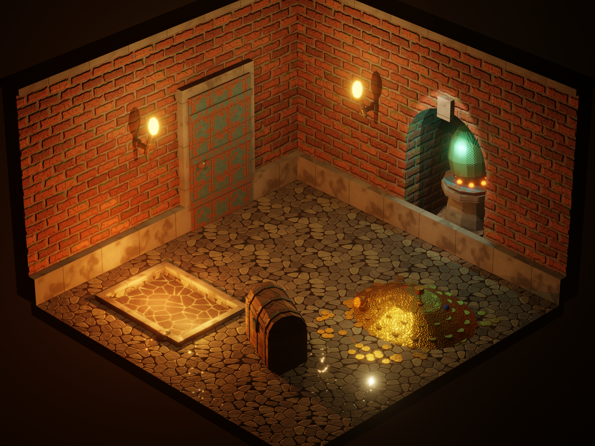 The Dragon's Hoard: an isometric vault with mossy brick walls, a wet cobblestone floor, a glowing lava pit, a wooden chest with rusted iron bands, a hoard of hammered gold and a dragon egg in an arched niche