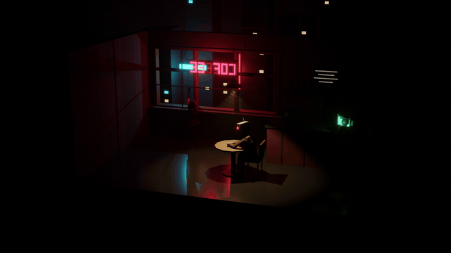 LAST CUP: camera push-in toward a lonely robot in a rainy neon coffee shop