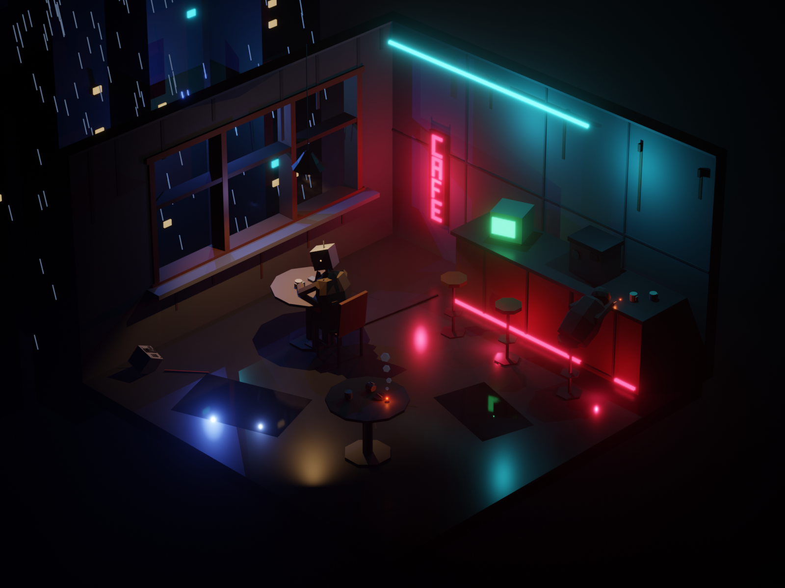 LAST CUP isometric: a cutaway cafe at night, a robot by the rainy window, red and cyan neon