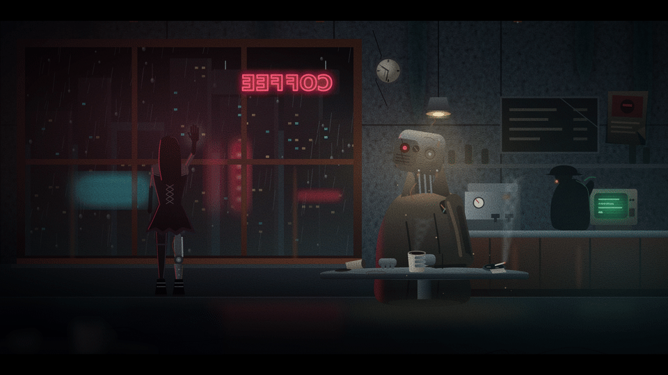 LAST CUP: a robot alone in a rainy cyberpunk coffee shop