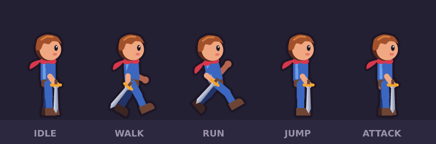 Rigged hero: idle, walk, run, jump and attack