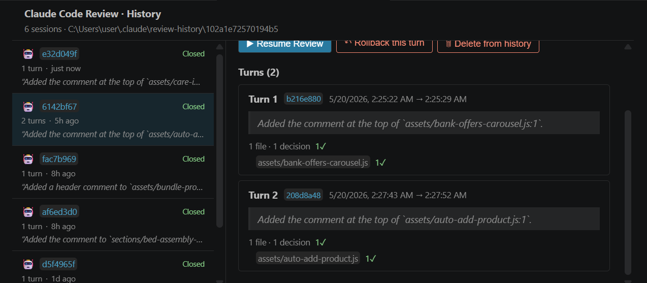 History panel showing past sessions, turn timelines, and Resume / Rollback / Delete actions