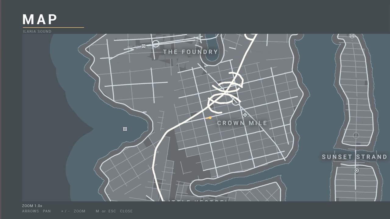 A full-screen map with named districts and a player marker