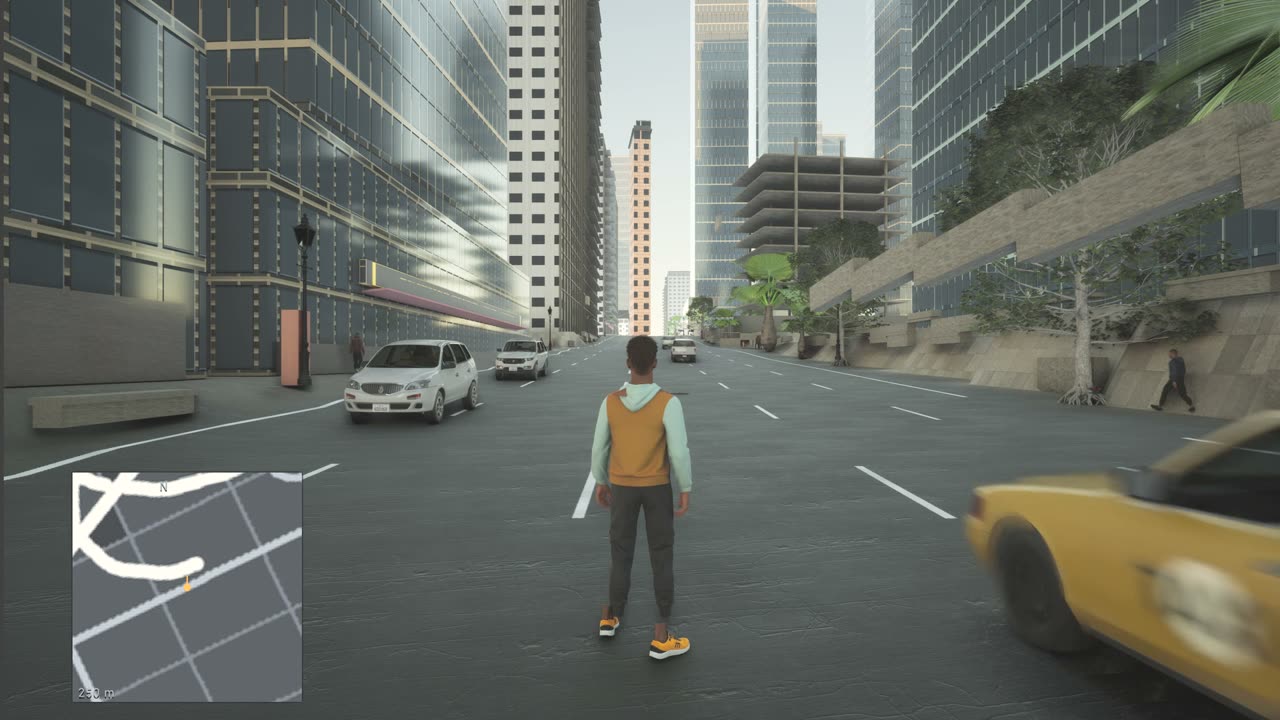 Third-person character on a city street with traffic and a minimap