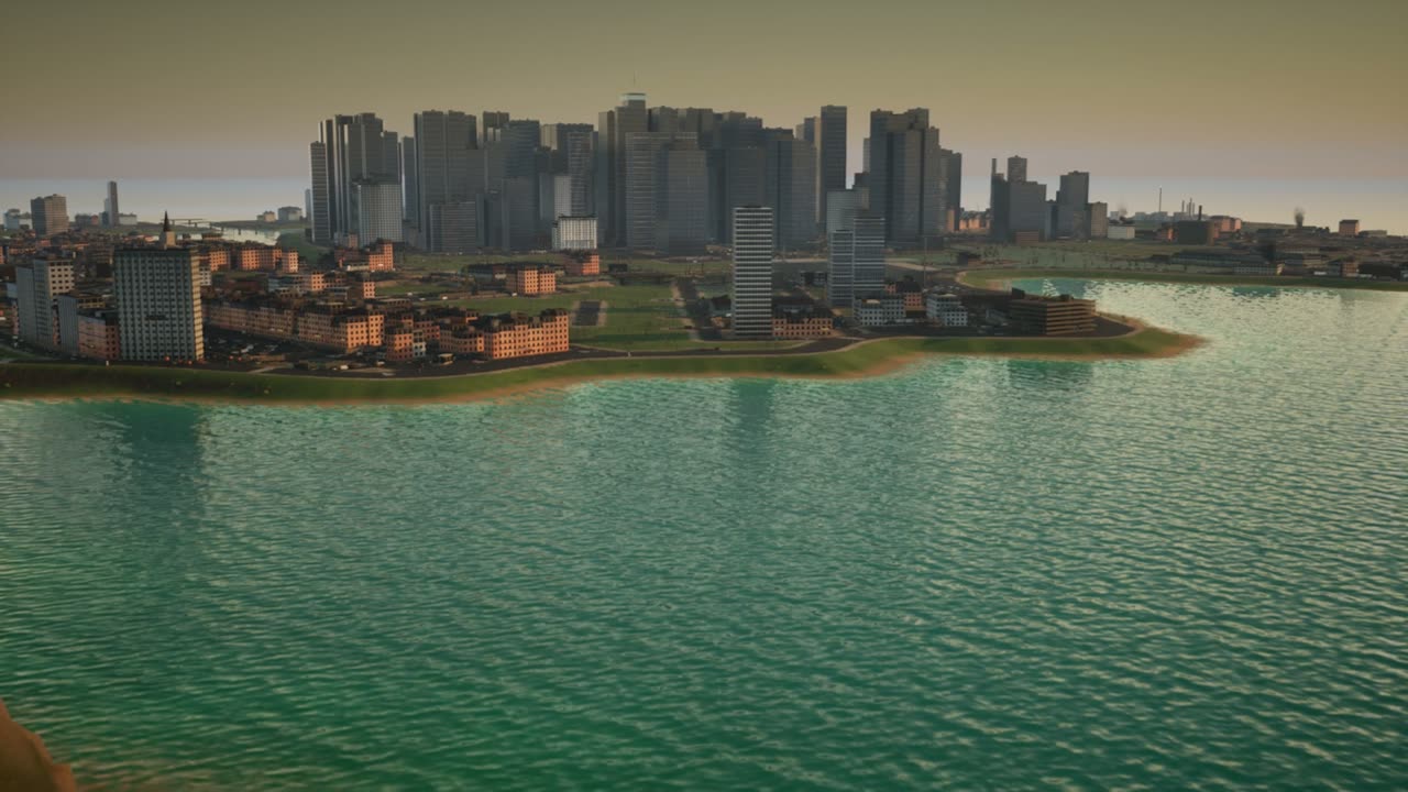 The city on its headland seen across open water at a low warm sun