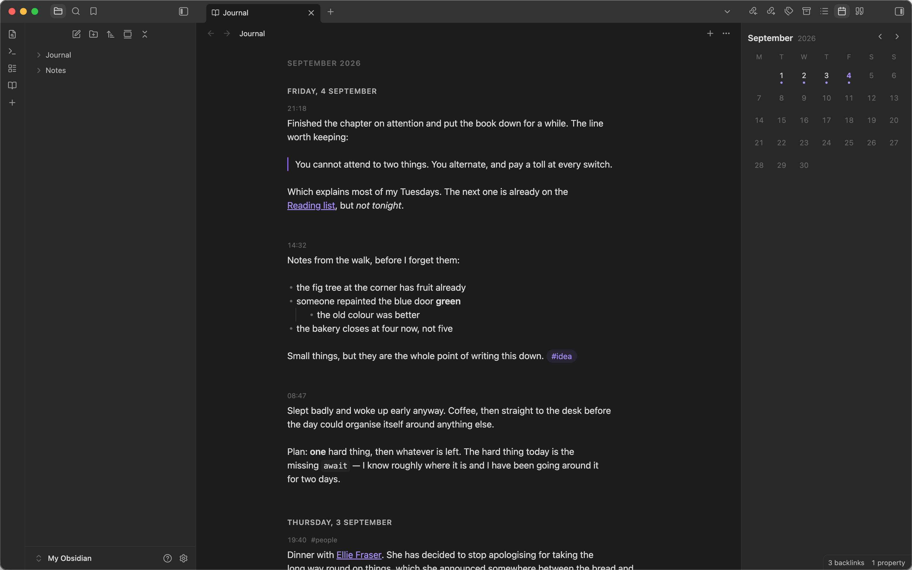 The journal timeline: entries grouped under day headings, newest first, each showing only its time, with the calendar in the sidebar marking the days that hold entries.