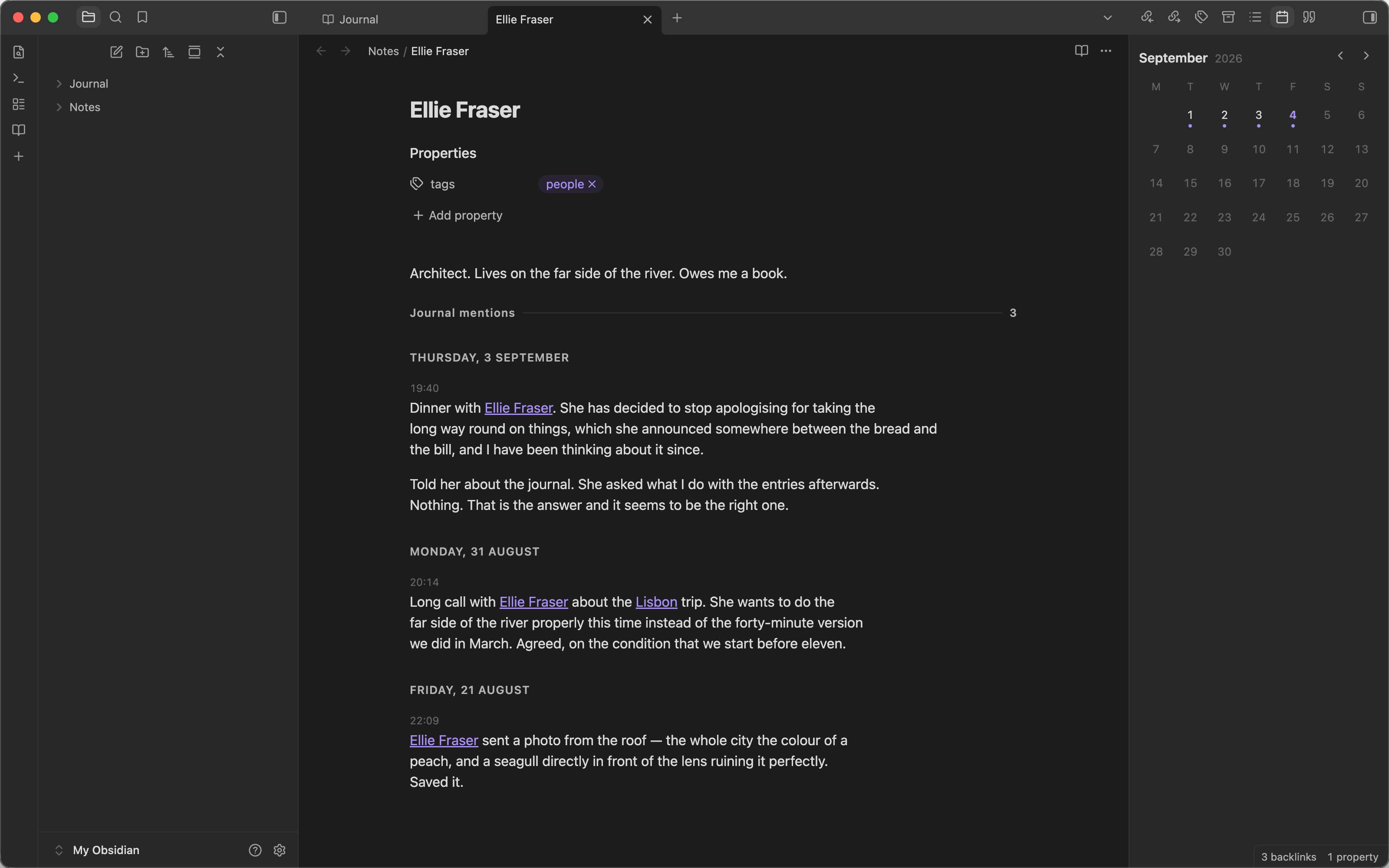 A note with a mentions panel under it, showing three journal entries in full with their dates and times rather than a list of timestamp filenames.