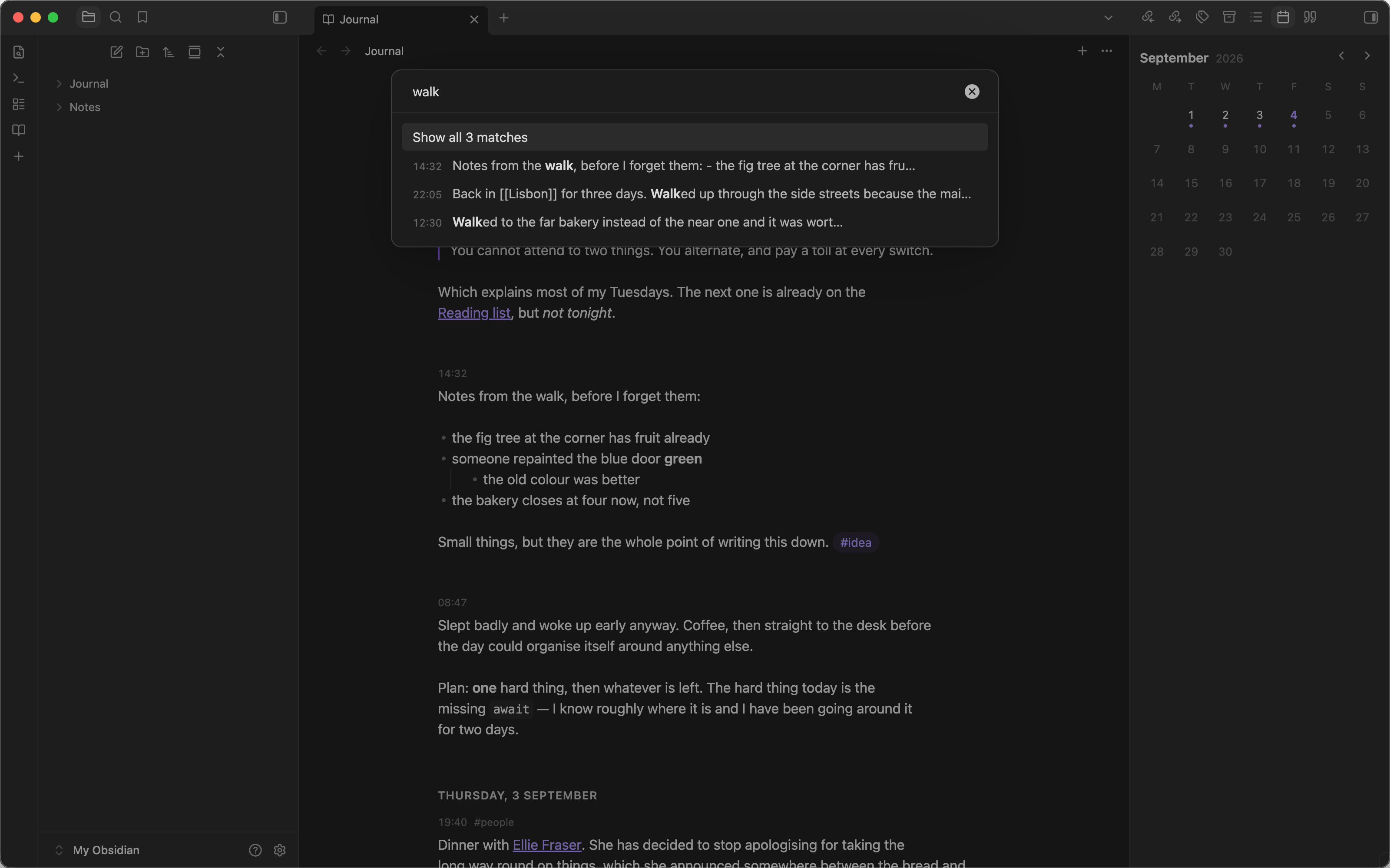 The search modal over the timeline: a query, a row offering to show all matches, and below it each matching entry with its time and the words around the match.