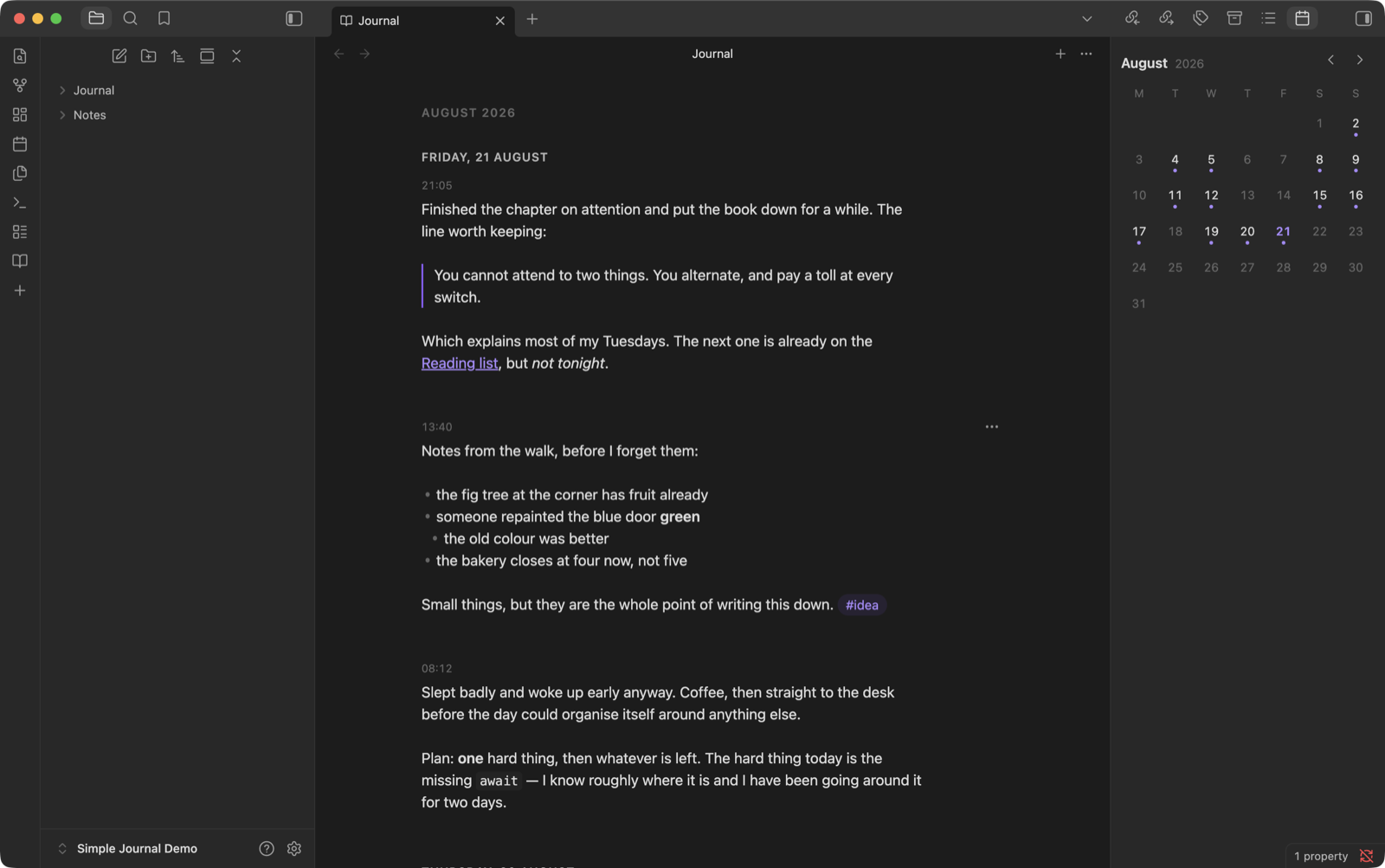 The journal timeline: entries grouped under day headings, newest first, each showing only its time, with the calendar in the sidebar marking the days that hold entries.