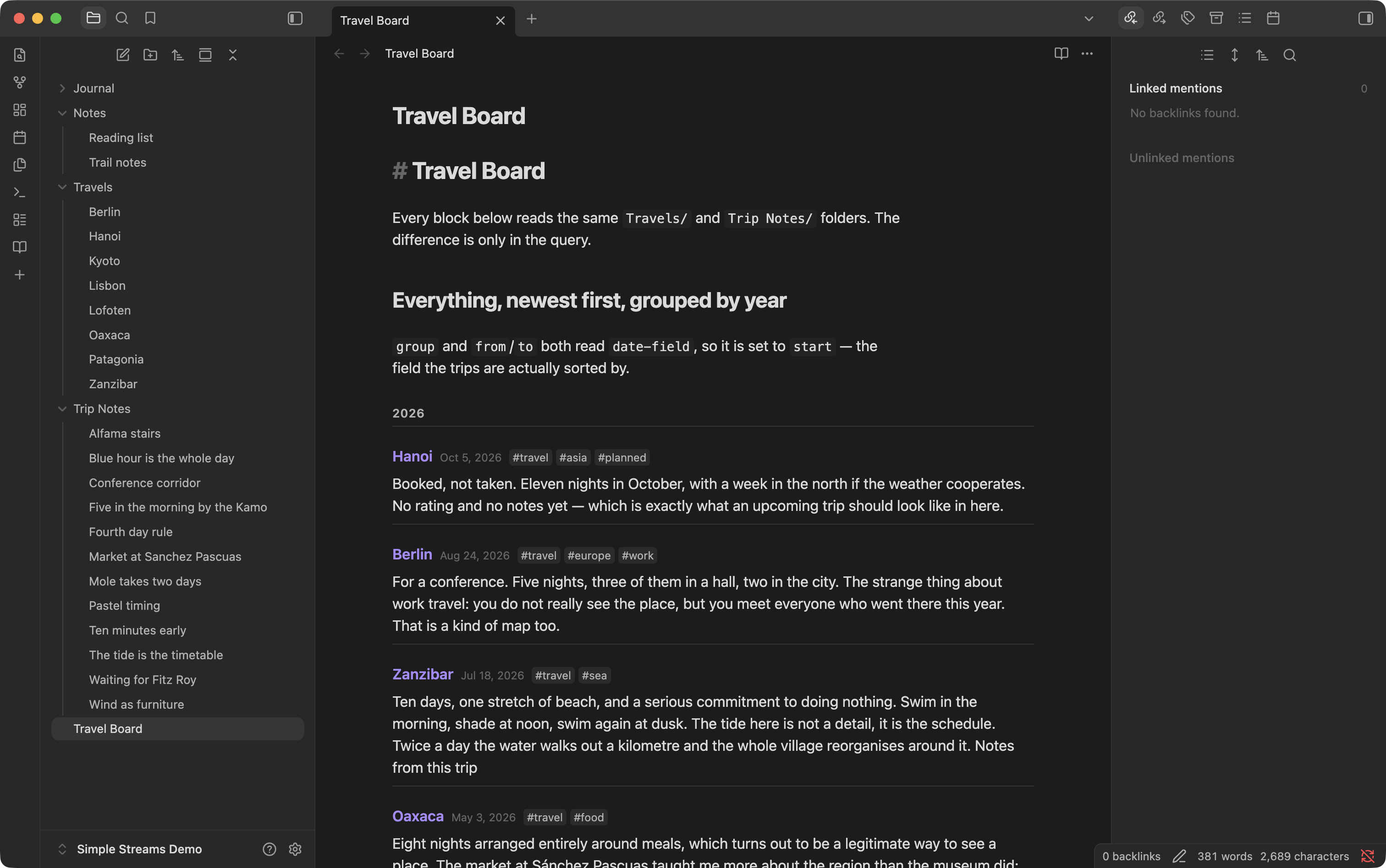 A stream of trips grouped under year headings, newest first, each item showing its title, its date and its tags above a short preview of the note.