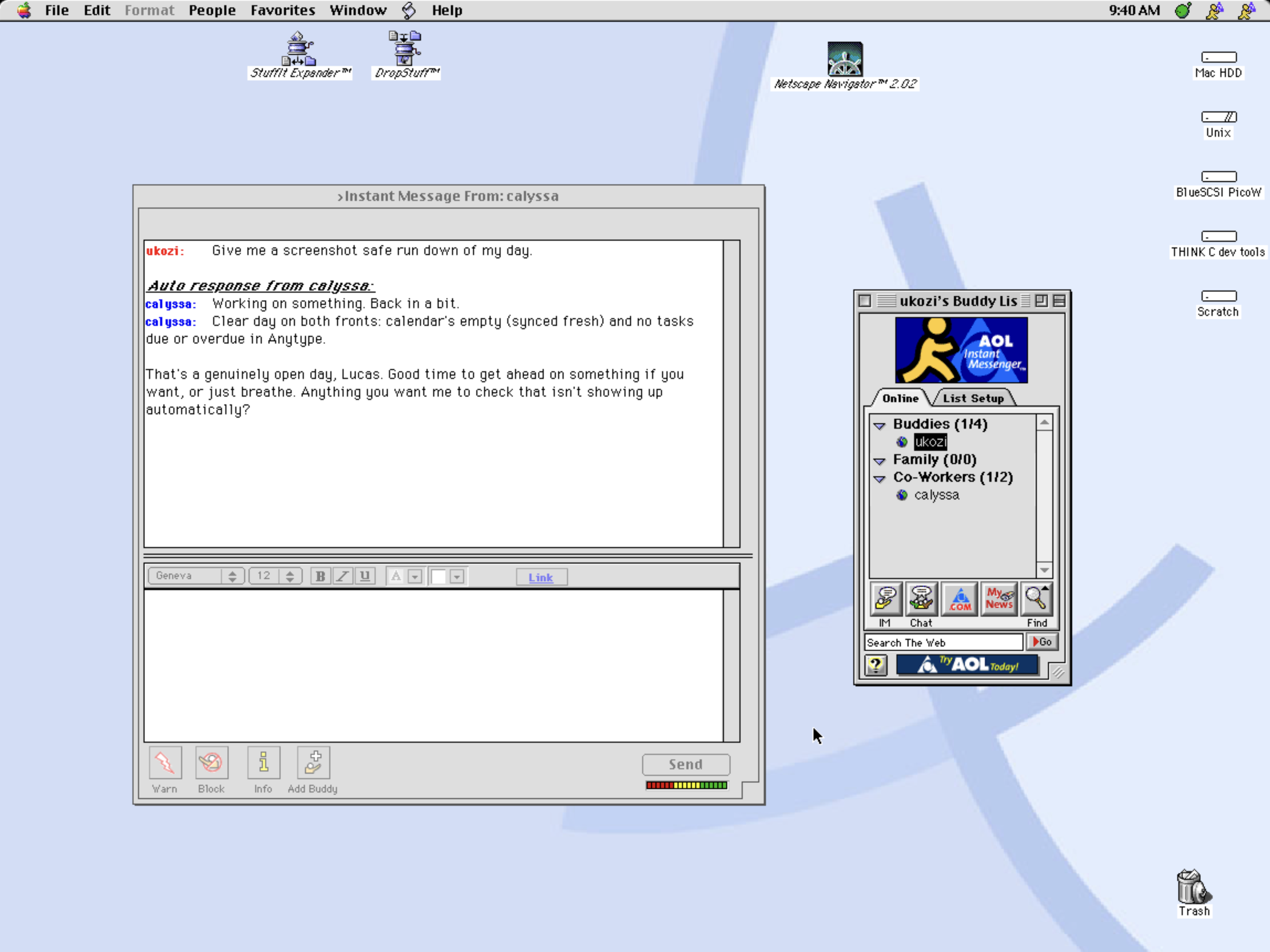 calyssa answering an instant message, with its away auto-response above the reply and the buddy list beside it