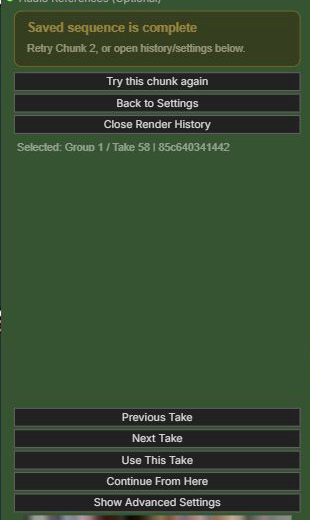Render History with Take navigation and the two explicit Take actions