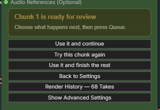 Chunk 1 ready for review with continue, retry, finish, and Back to Settings buttons