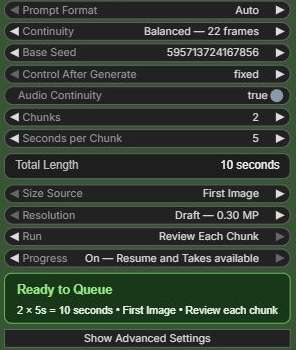 Review settings with fixed seed, two 5-second chunks, Review Each Chunk, and Progress On