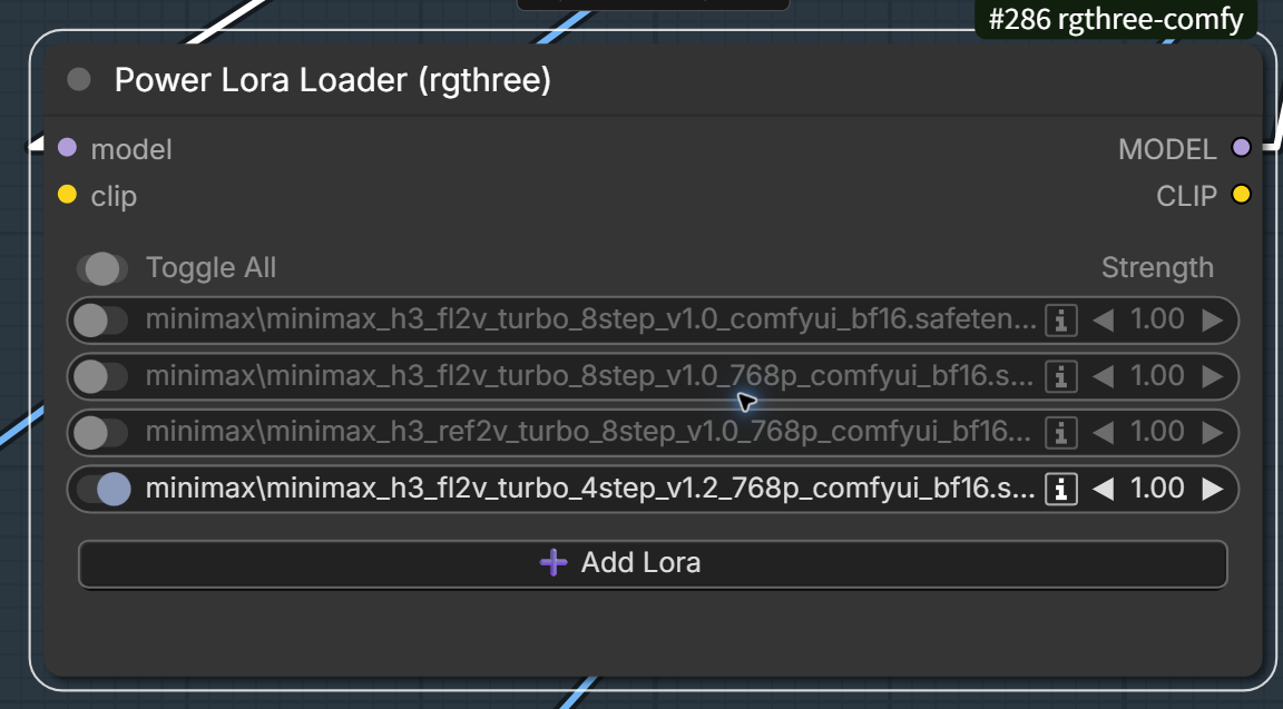 Example third-party LoRA selector with one LightX2V Turbo LoRA enabled