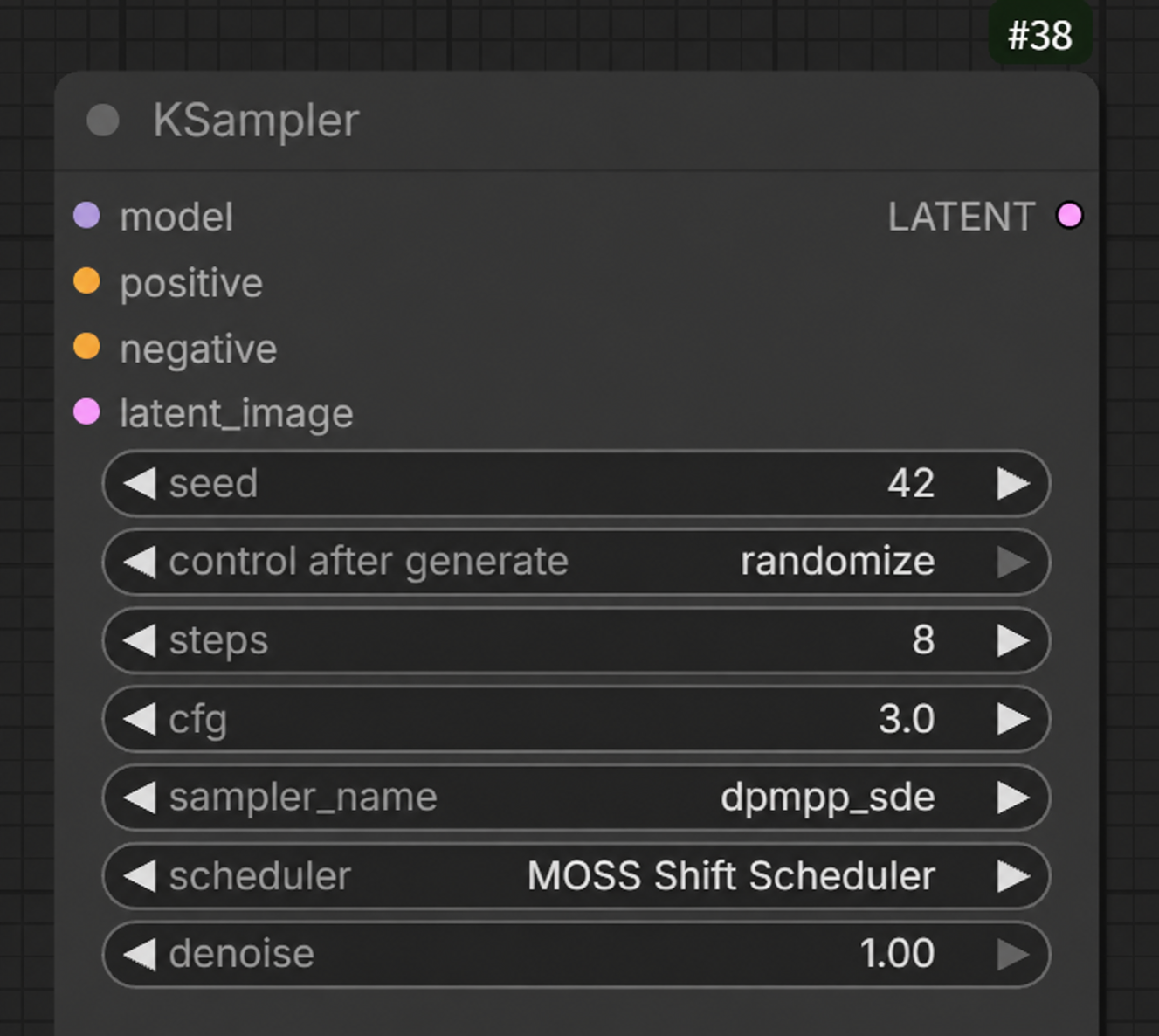 ComfyUI KSampler using MOSS Shift Scheduler: 8 steps, CFG 3, dpmpp_sde, denoise 1.0