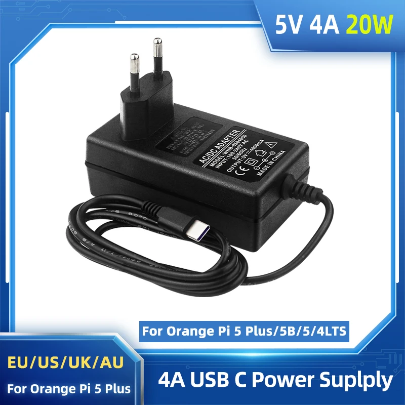 Orange Pi 5 Plus Power Adapter 5V 4A Charger 20W USB Type C Power Supply EU US UK AU Plug for OPI 5/