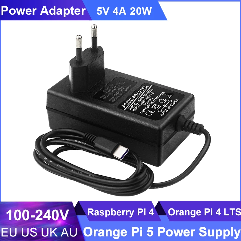 5V 4A  Raspberry Pi 4 Power Supply Type C AC DC Adapter Input 100-240V EU US UK AU Applicable for Or