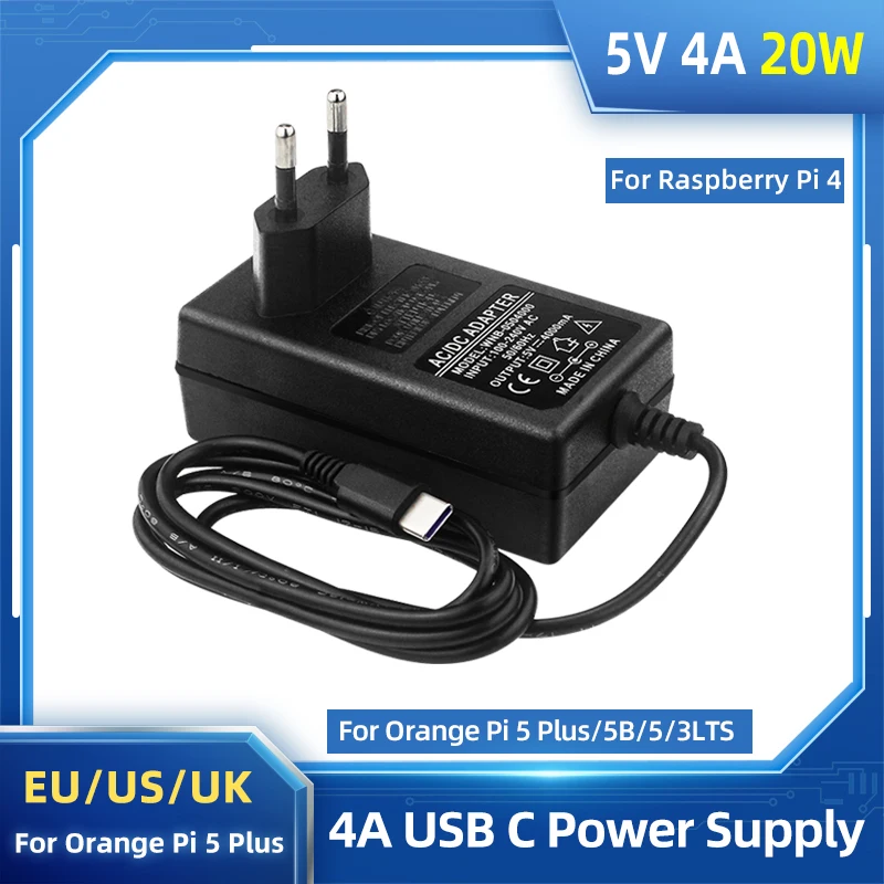 Orange Pi 5 Plus Power Adapter 5V 4A Charger 20W USB Type C Power Supply EU US UK Plug for OPI 5/5B/