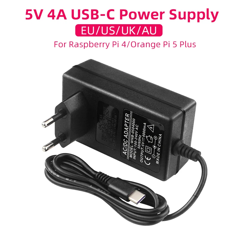5V 4A Power Supply for Orange Pi 5 Plus 20W USB Type C Power Adapter EU US UK AU Plug for OPI 5/5B/5