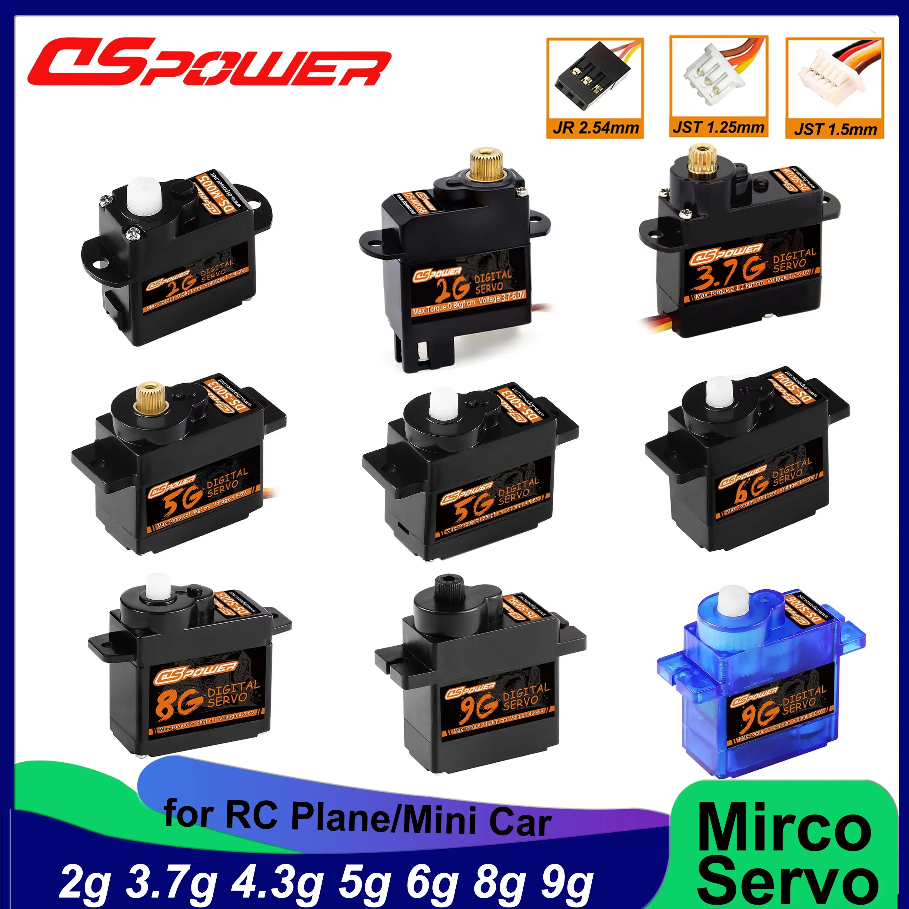 DSPOWER 2g 3.7g 4.3g 5g 6g 8g 9g Plastic/Metal Gear JR/JST Digital Micro Servo Motor for RC Mini Car