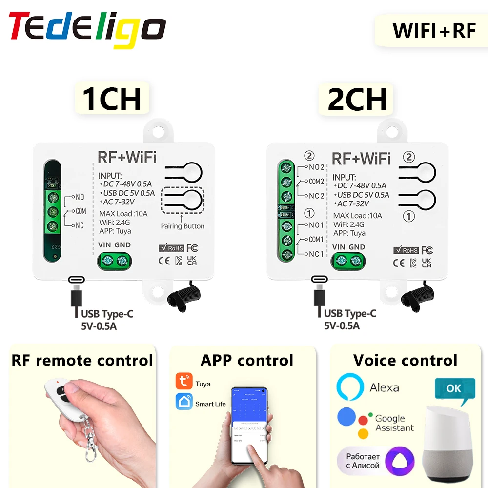 Tuya WiFi Smart Switch Module 5V 12V 24V 48V 1CH 2CH 433mhz Wireless Remote Control With Alexa Googl