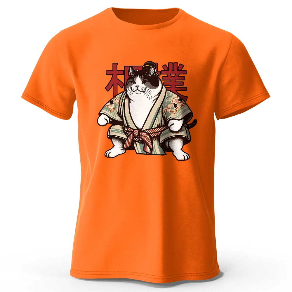 Sumo Cat Print 100% Cotton T-Shirt, Soft & Breathable Round Neck Short Sleeve Tee, Unisex Fun & Cult