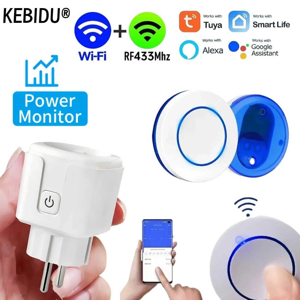 Tuya WiFi 433mhz RF Smart Socket 16A EU FR Plug with Power Monitoring Power State Memory Smart Outle