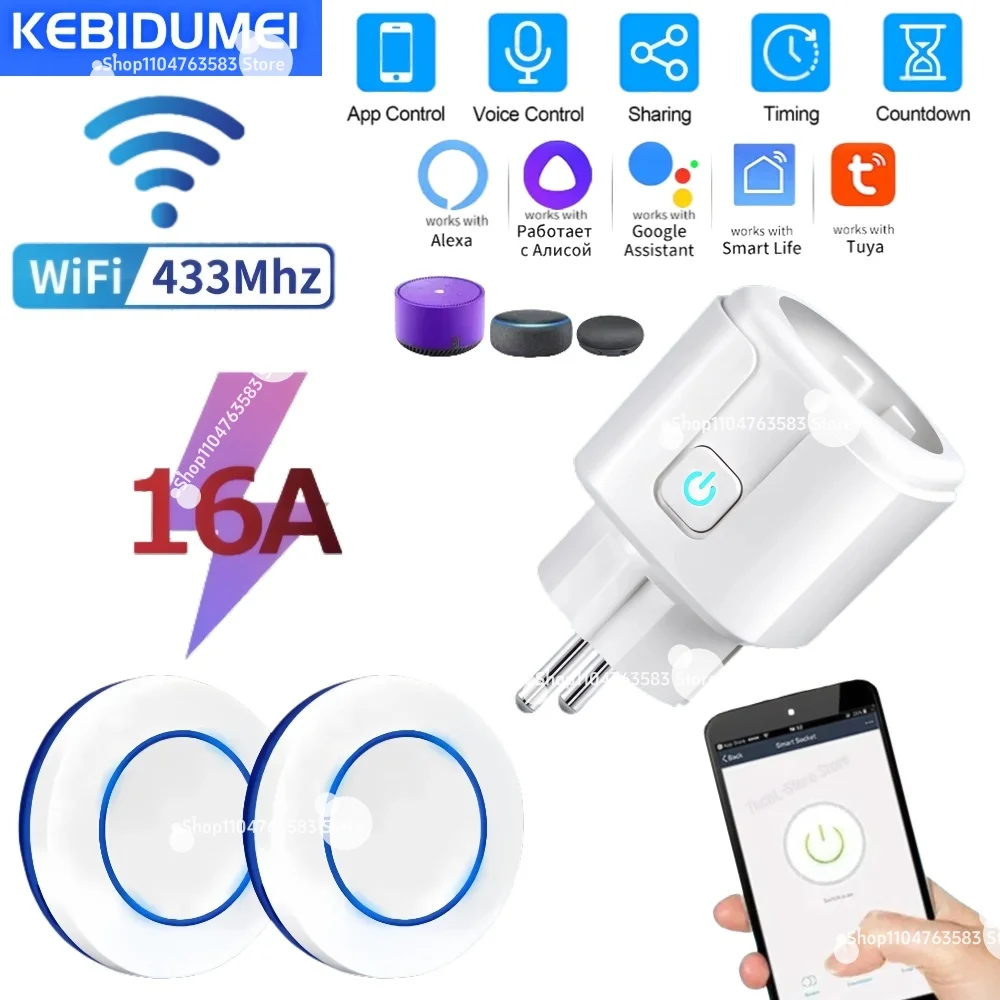 Tuya WiFi Smart Plug EU Socket 15A 433MHz Wireless Remote Control Relay Controller Voice Control Wor