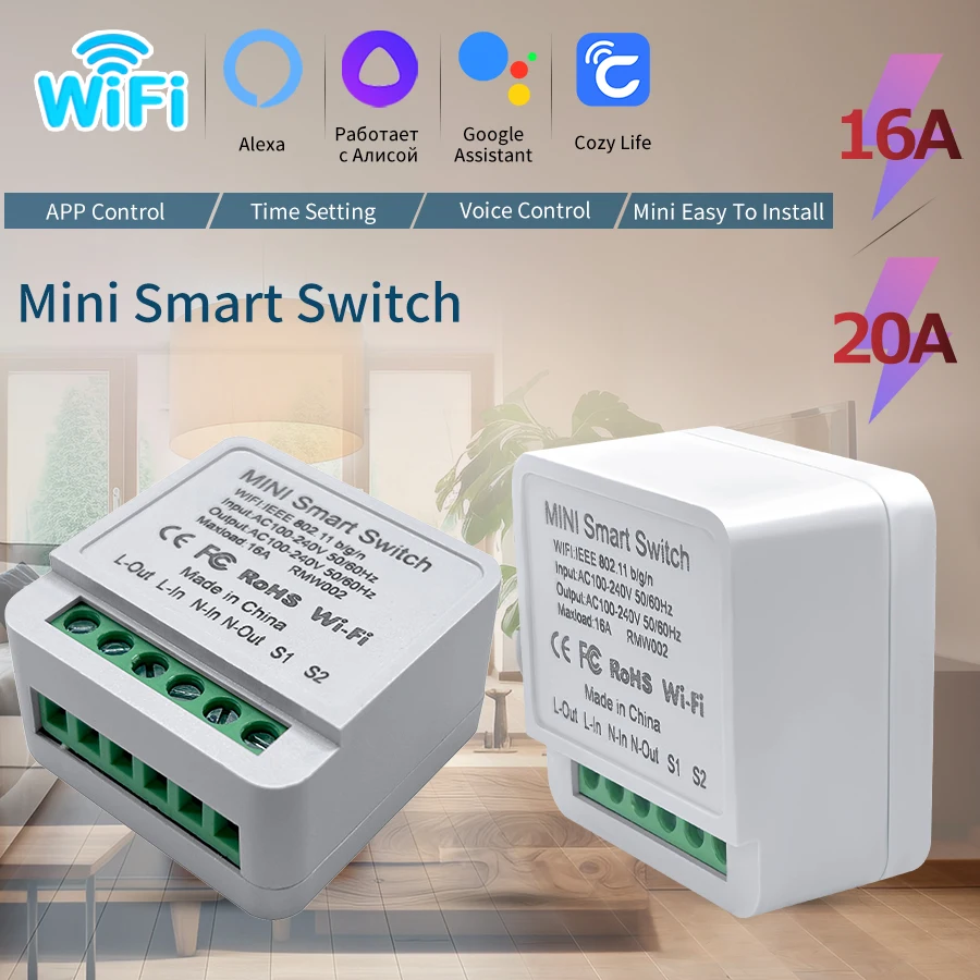 Wifi Smart Switch 2-way DIY Breaker Relay Cozylife App Remote Voice Control Mini Automation Module W