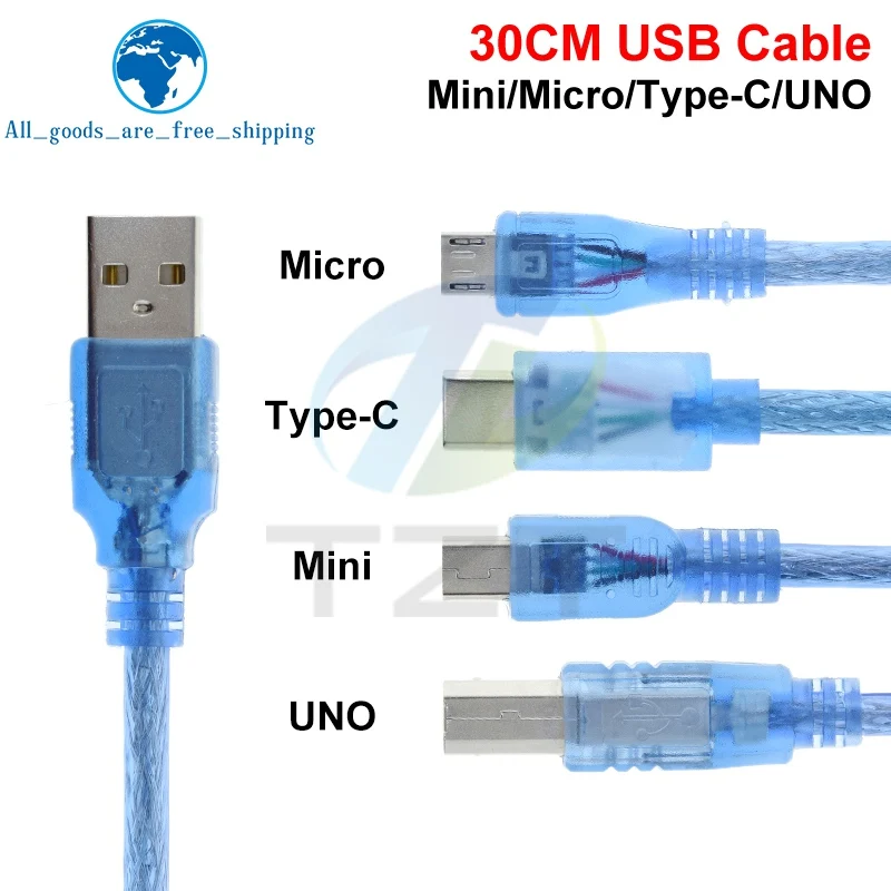 30CM USB Cable for Uno R3/Nano/MEGA/Leonardo/Pro Micro/DUE Blue High Quality A Type USB/Mini USB/Mic