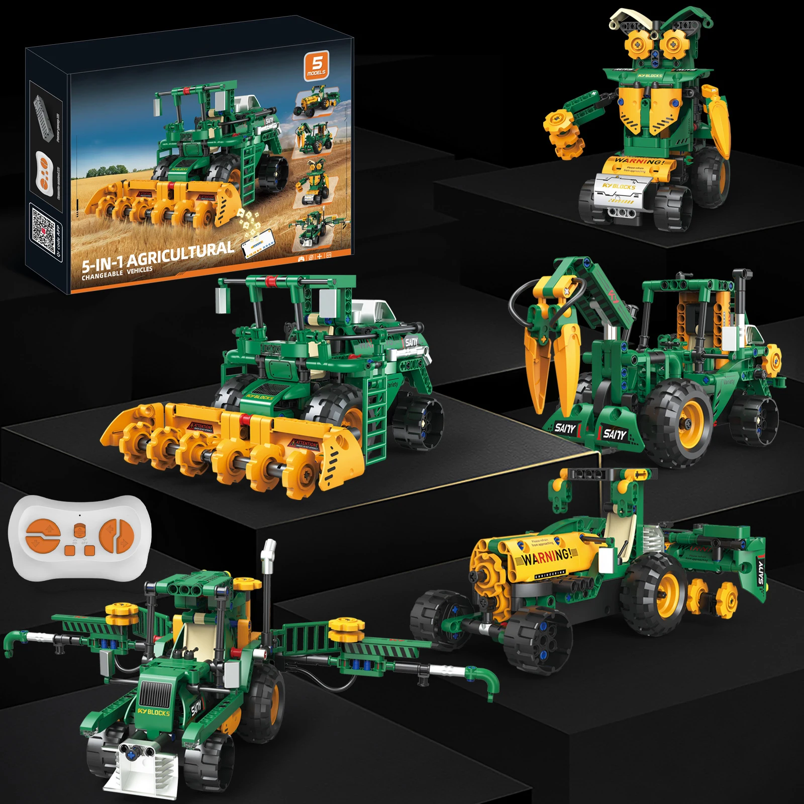 5 in 1 Robot Toys Building Blocks Kits, App/Remote Control Harvester/Plowing Cart/Water Truck Robot 
