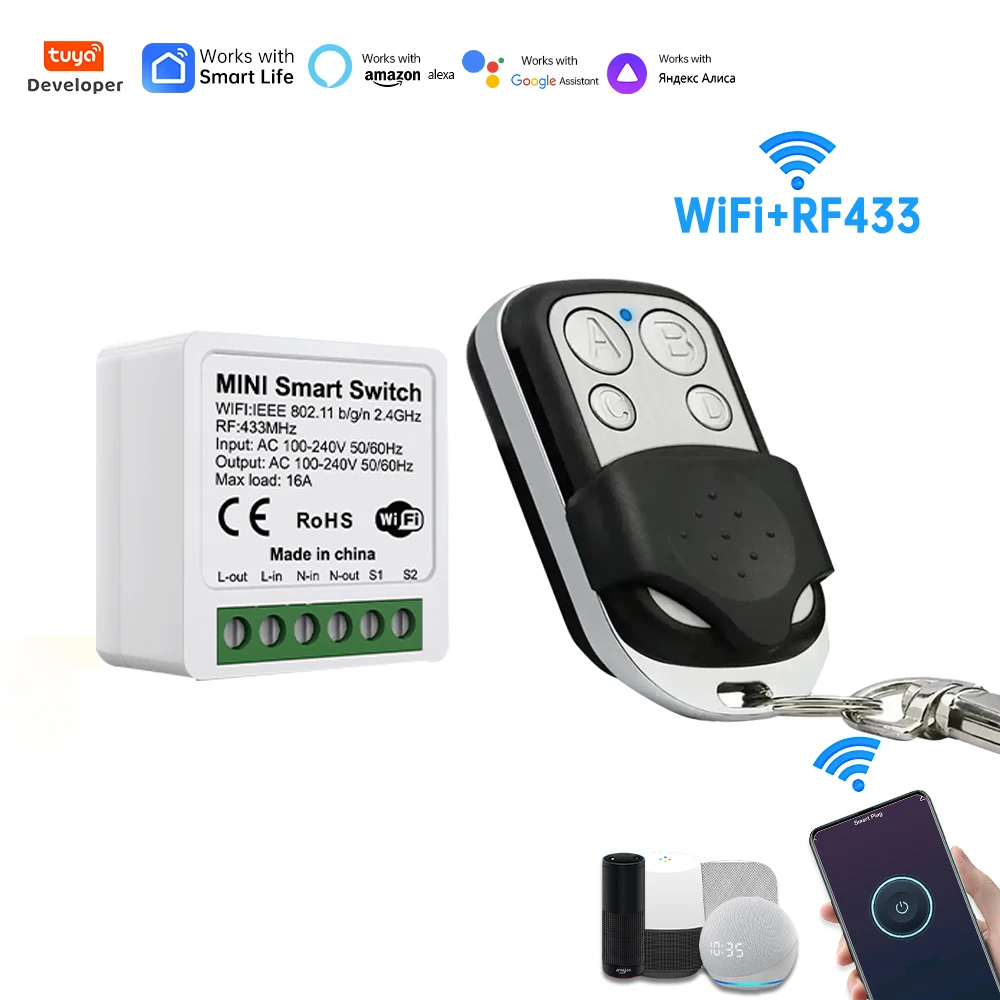 16A WiFi Smart Mini Switch No Wiring RF433 Remote, Timer Schedule 2 Way Control, Alexa Google Tuya A
