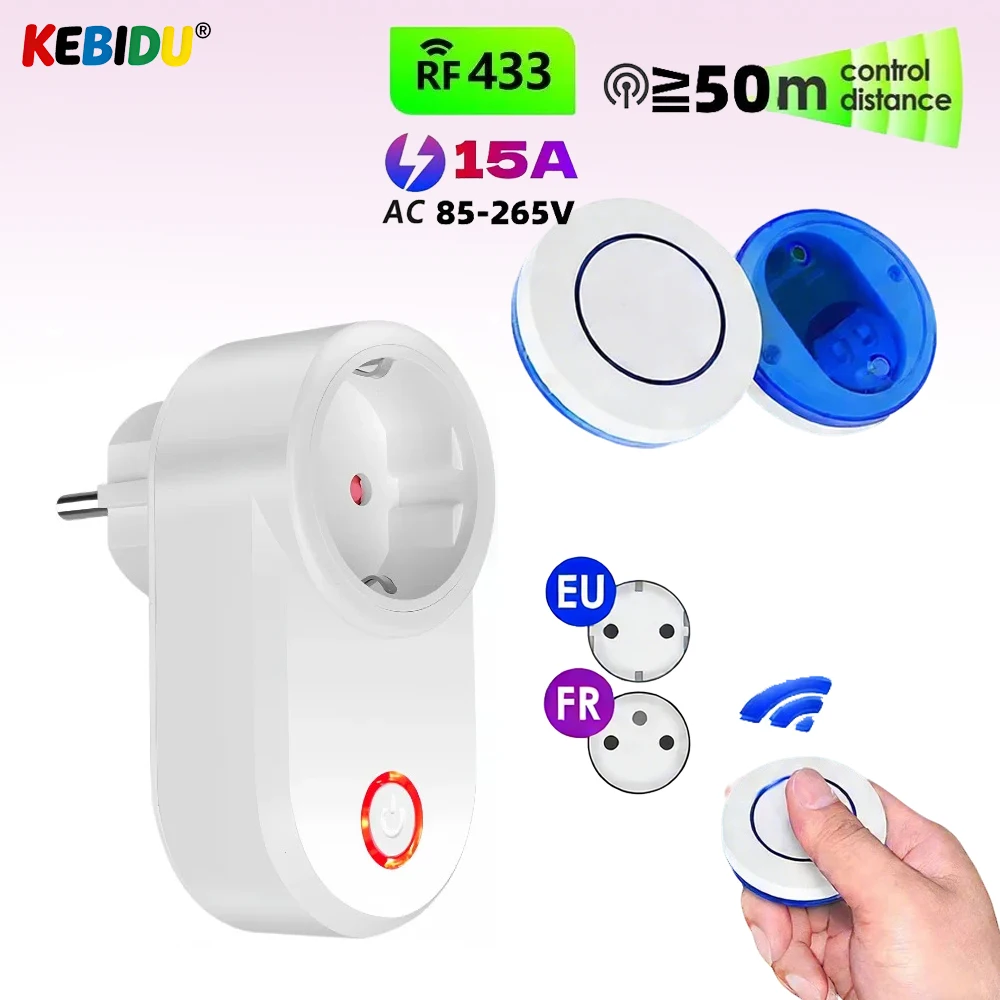 KEBIDU Wireless Remote Control Socket AC220V EU 433mhz Rf Smart Plug 15A Power Outlet 50m Receiver f